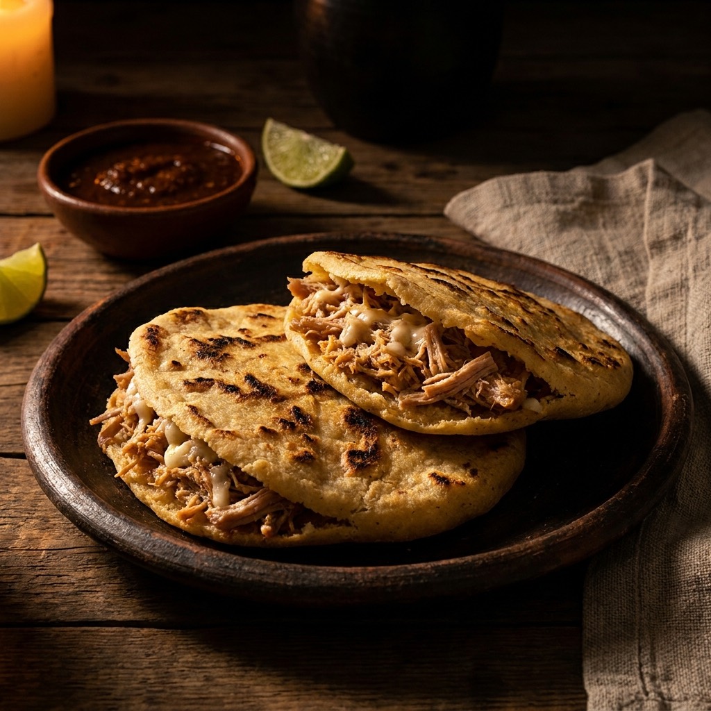 Gorditas doradas abiertas con relleno, salsa y limón en plato oscuro